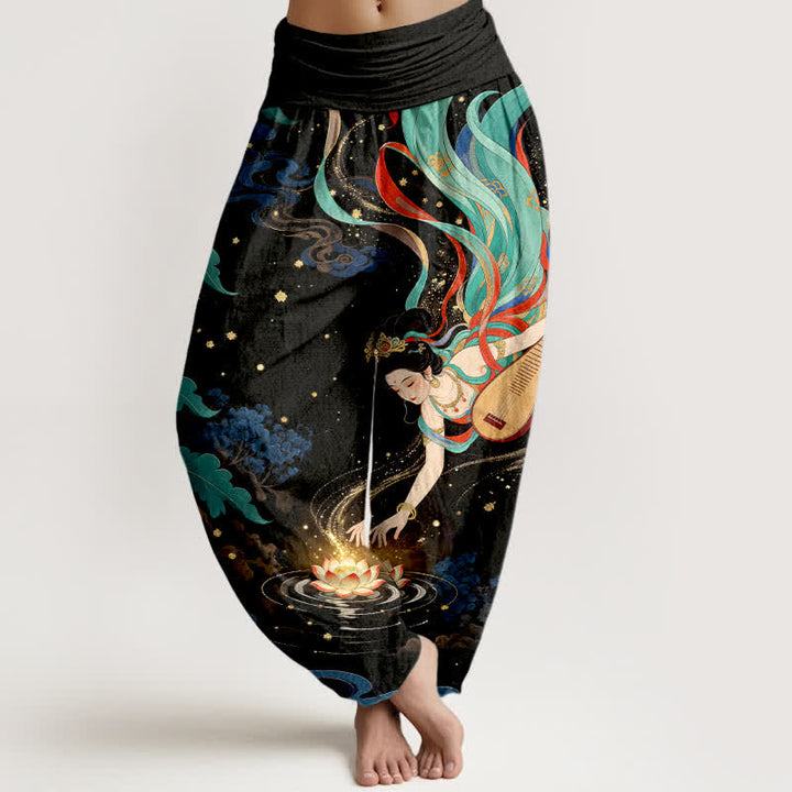 Buddha Stones Pantalon harem à taille élastique pour femme, motif lotus et musicien céleste en coton - Noir - US16，UK/AU20，EU48 (3XL) - image 0