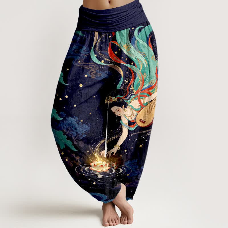 Buddha Stones Pantalon harem à taille élastique pour femme, motif lotus et musicien céleste en coton - Marine - US16，UK/AU20，EU48 (3XL) - image 5