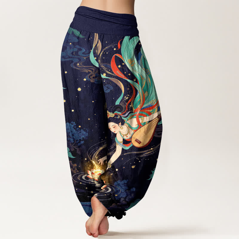 Buddha Stones Pantalon harem à taille élastique pour femme, motif lotus et musicien céleste en coton - image 7