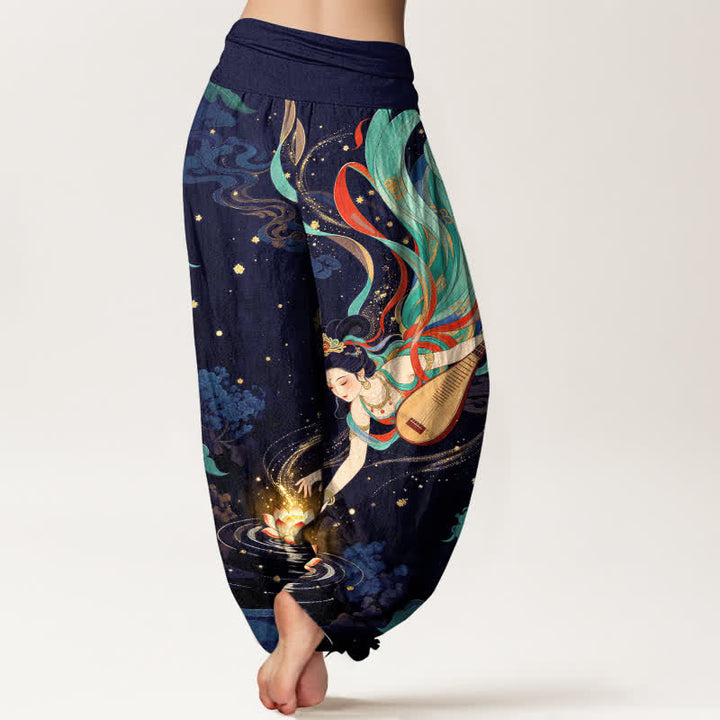 Buddha Stones Pantalon harem à taille élastique pour femme, motif lotus et musicien céleste en coton - image 7