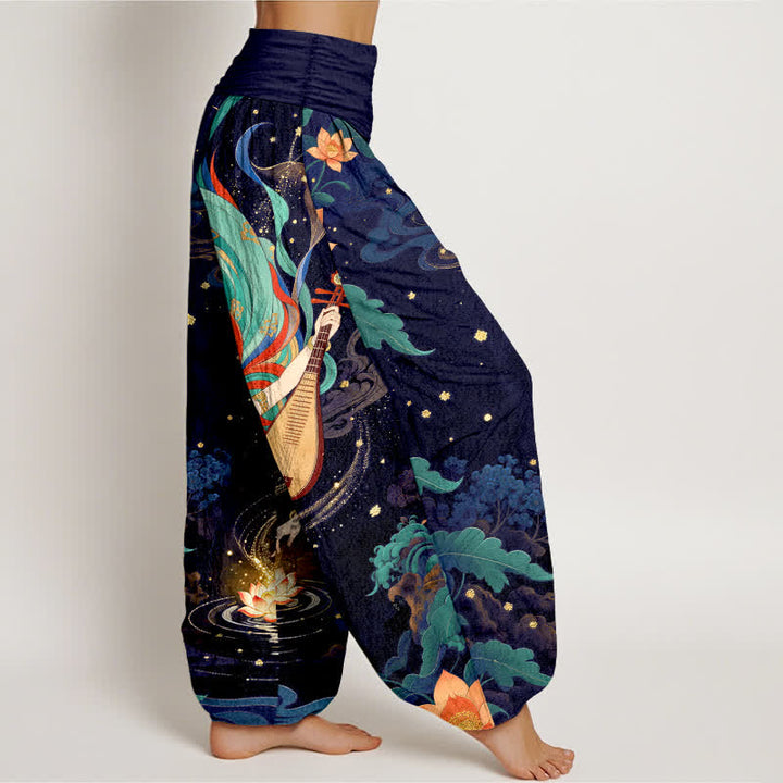 Buddha Stones Pantalon harem à taille élastique pour femme, motif lotus et musicien céleste en coton - image 6