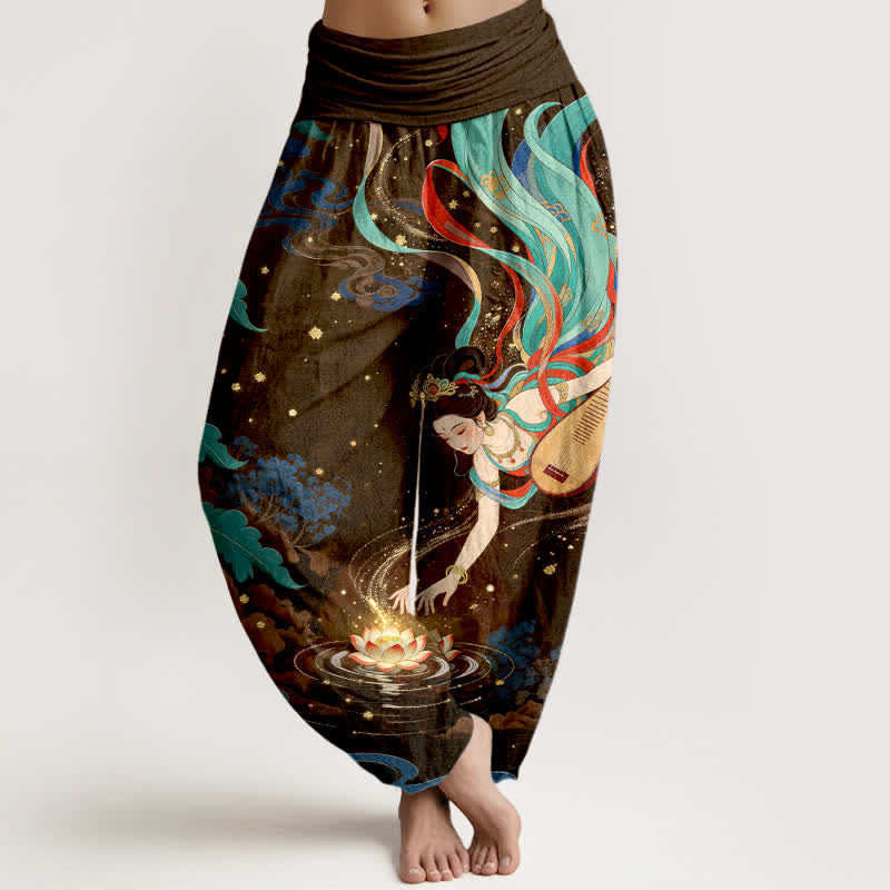 Buddha Stones Pantalon harem à taille élastique pour femme, motif lotus et musicien céleste en coton - SaddleBrown - US16，UK/AU20，EU48 (3XL) - image 8