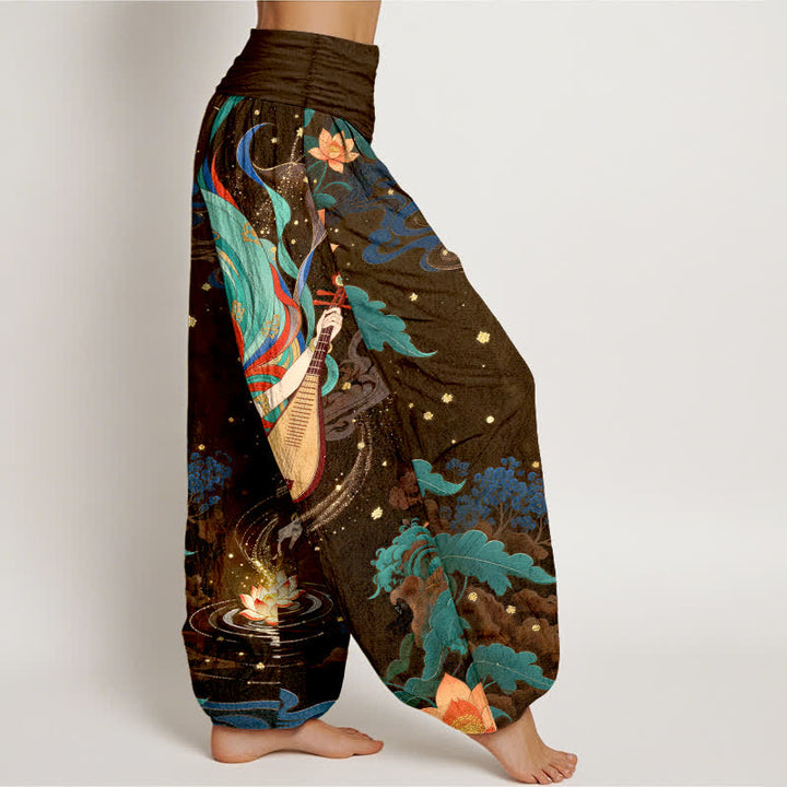 Buddha Stones Pantalon harem à taille élastique pour femme, motif lotus et musicien céleste en coton - image 9