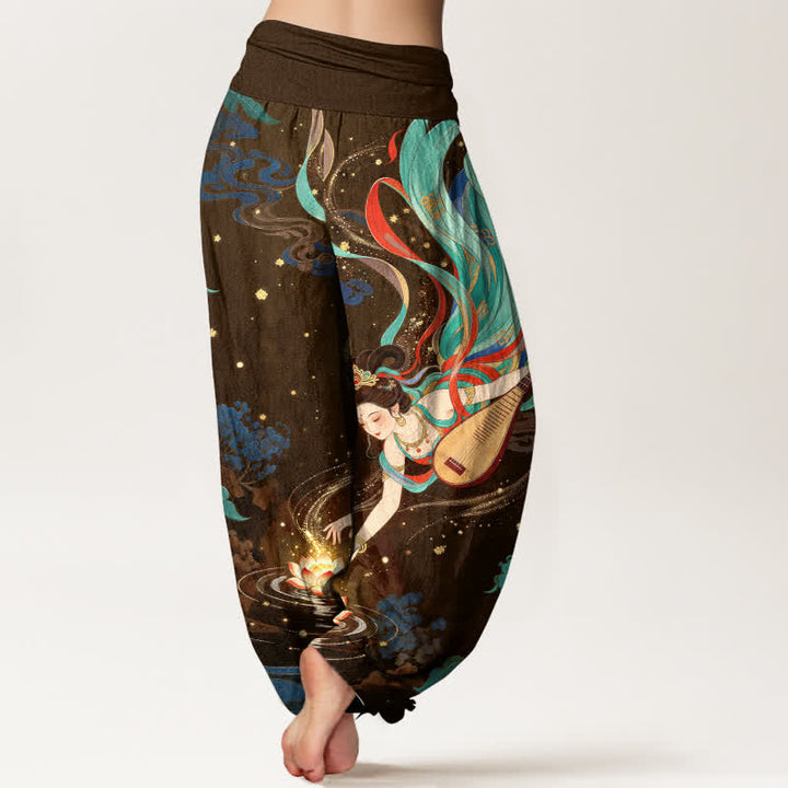 Buddha Stones Pantalon harem à taille élastique pour femme, motif lotus et musicien céleste en coton - image 10