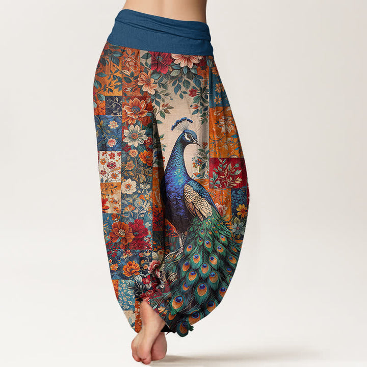 Buddha Stones Pantalon harem pour femme à taille élastique et motif patchwork floral paon en coton - image 2