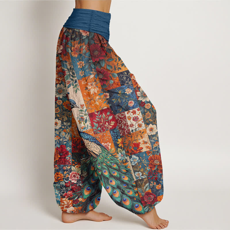 Buddha Stones Pantalon harem pour femme à taille élastique et motif patchwork floral paon en coton - image 1