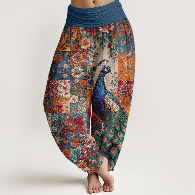 Buddha Stones Pantalon harem pour femme à taille élastique et motif patchwork floral paon en coton - Sarcelle - US16，UK/AU20，EU48 (3XL) - image 0