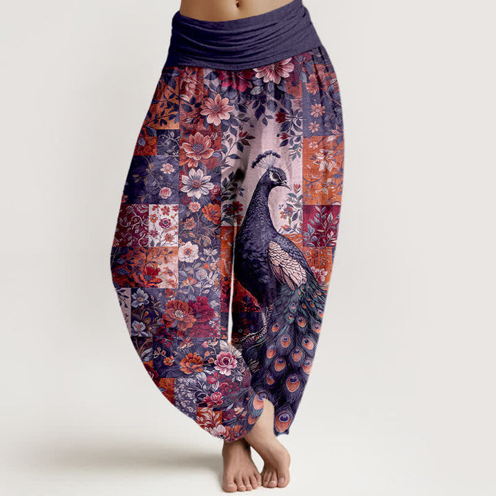 Buddha Stones Pantalon harem pour femme à taille élastique et motif patchwork floral paon en coton - Indigo - US16，UK/AU20，EU48 (3XL) - image 5