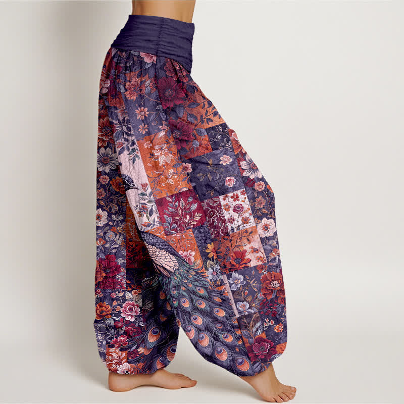 Buddha Stones Pantalon harem pour femme à taille élastique et motif patchwork floral paon en coton - image 6