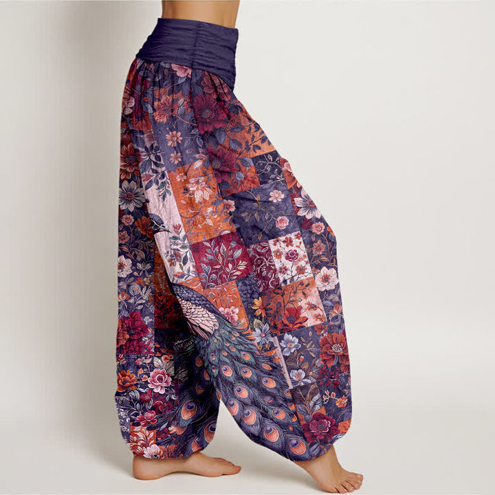 Buddha Stones Pantalon harem pour femme à taille élastique et motif patchwork floral paon en coton - image 6