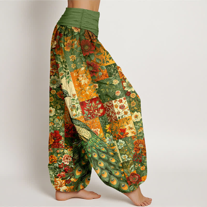 Buddha Stones Pantalon harem pour femme à taille élastique et motif patchwork floral paon en coton - image 9