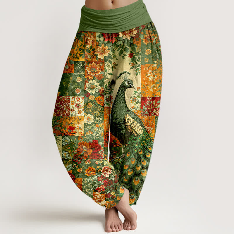 Buddha Stones Pantalon harem pour femme à taille élastique et motif patchwork floral paon en coton - Vert olive - US16，UK/AU20，EU48 (3XL) - image 8