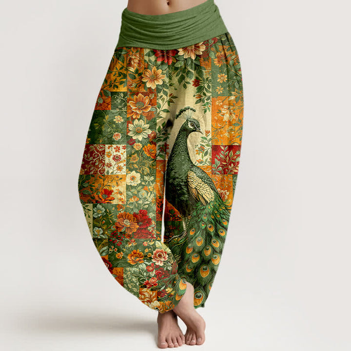 Buddha Stones Pantalon harem pour femme à taille élastique et motif patchwork floral paon en coton - Vert olive - US16，UK/AU20，EU48 (3XL) - image 8