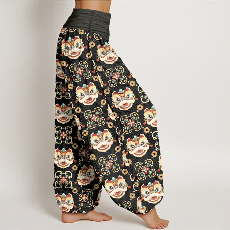 Buddha Stones Pantalon harem à taille élastique pour femme, motif masque de lion tribal en coton - image 1