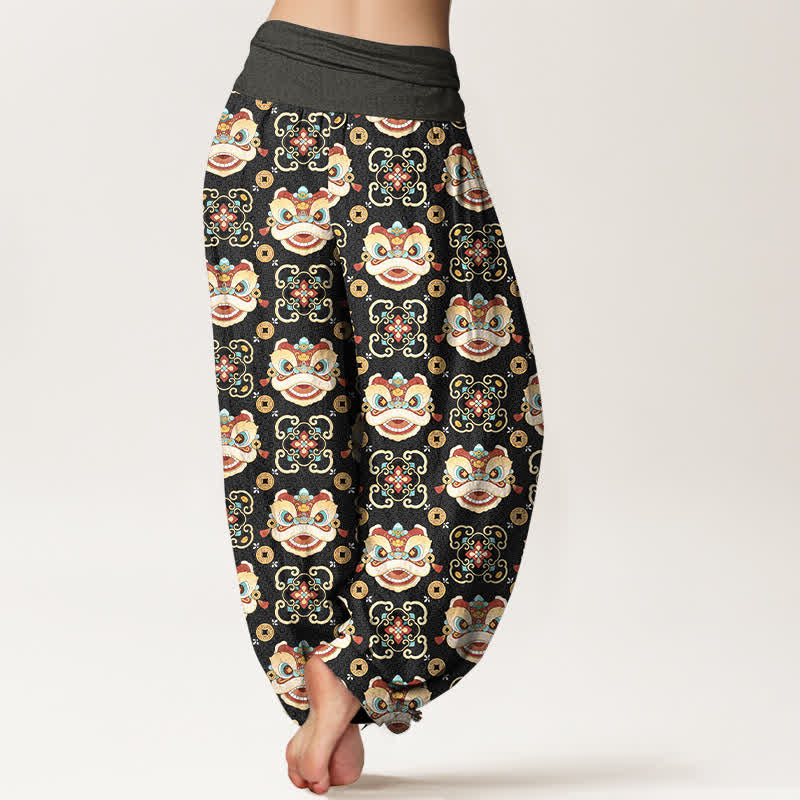 Buddha Stones Pantalon harem à taille élastique pour femme, motif masque de lion tribal en coton - image 2