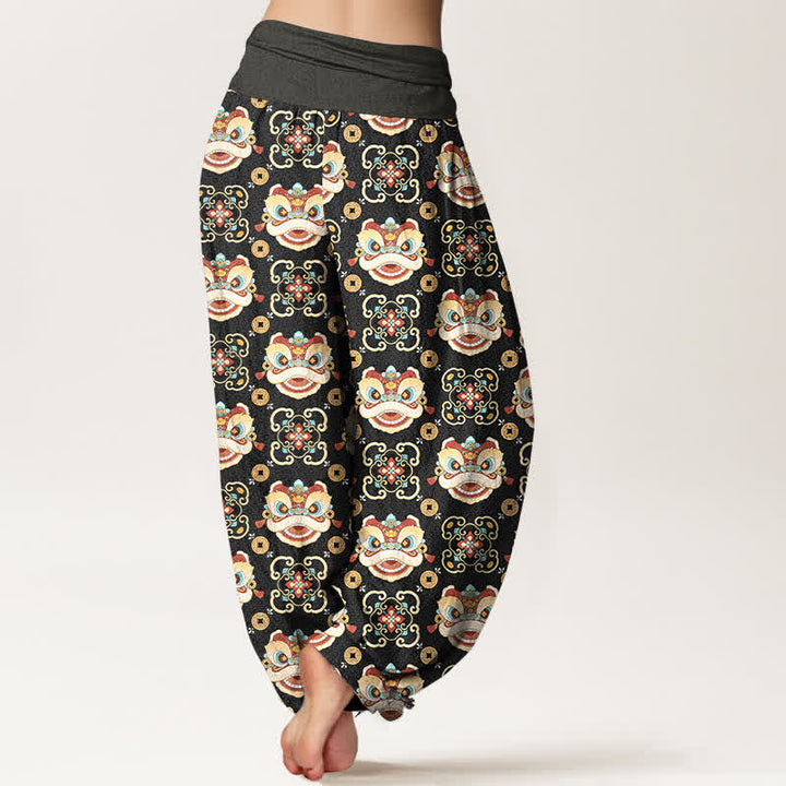 Buddha Stones Pantalon harem à taille élastique pour femme, motif masque de lion tribal en coton - image 2