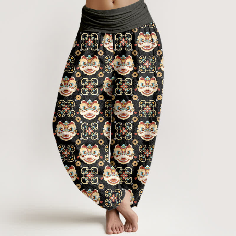 Buddha Stones Pantalon harem à taille élastique pour femme, motif masque de lion tribal en coton - Gris terne - US16，UK/AU20，EU48 (3XL) - image 0