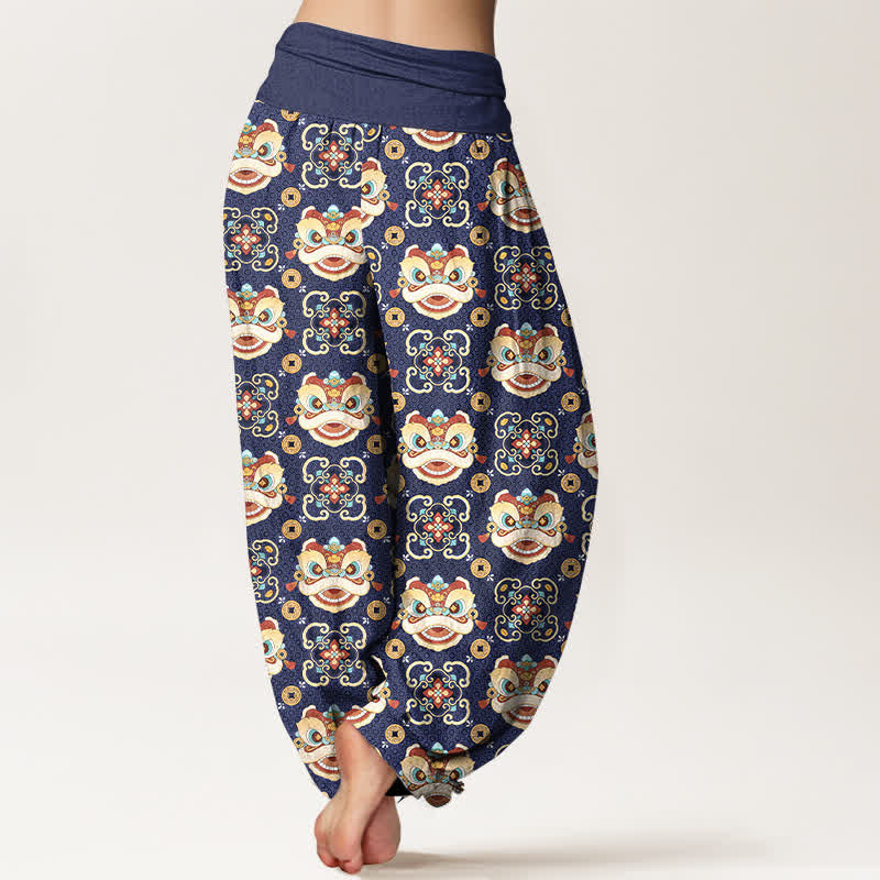 Buddha Stones Pantalon harem à taille élastique pour femme, motif masque de lion tribal en coton - image 7