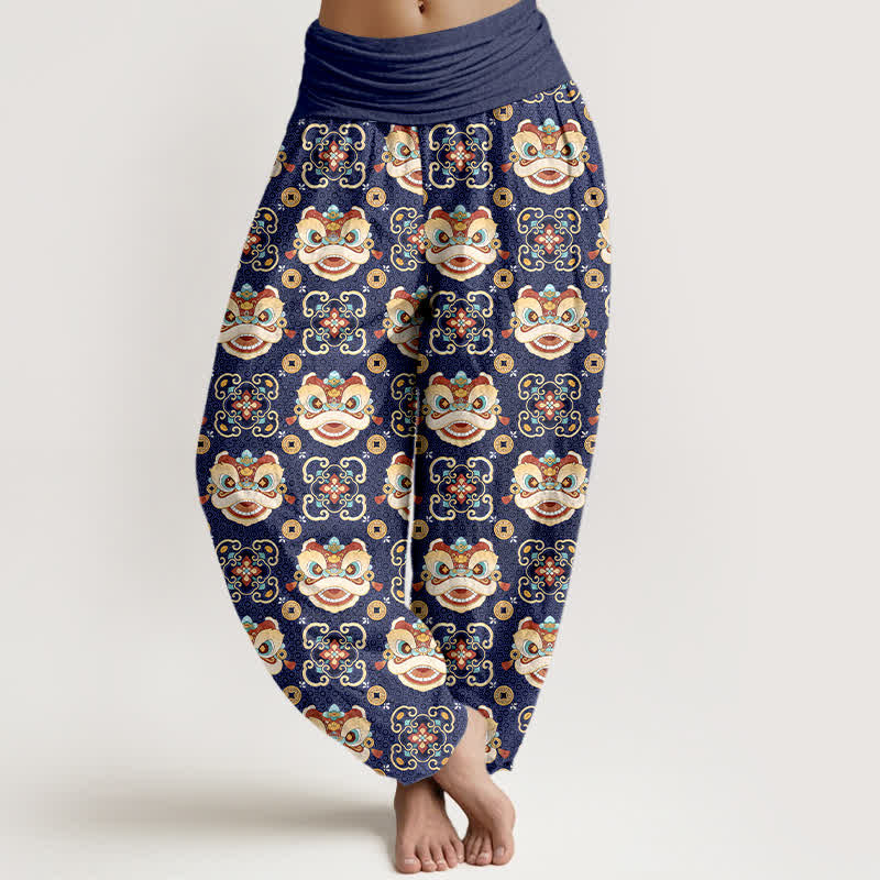 Buddha Stones Pantalon harem à taille élastique pour femme, motif masque de lion tribal en coton - Marine - US16，UK/AU20，EU48 (3XL) - image 5