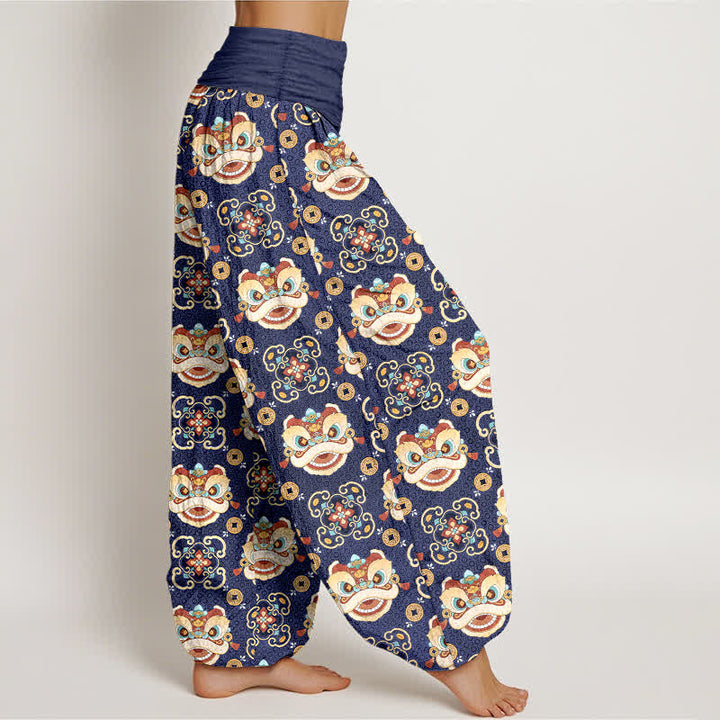 Buddha Stones Pantalon harem à taille élastique pour femme, motif masque de lion tribal en coton - image 6