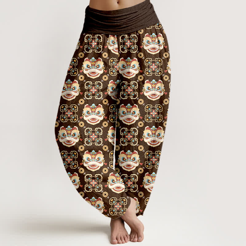 Buddha Stones Pantalon harem à taille élastique pour femme, motif masque de lion tribal en coton - SaddleBrown - US16，UK/AU20，EU48 (3XL) - image 8
