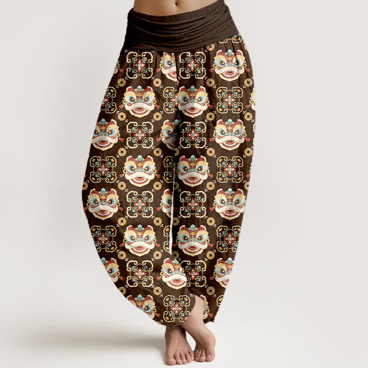 Buddha Stones Pantalon harem à taille élastique pour femme, motif masque de lion tribal en coton - SaddleBrown - US16，UK/AU20，EU48 (3XL) - image 8