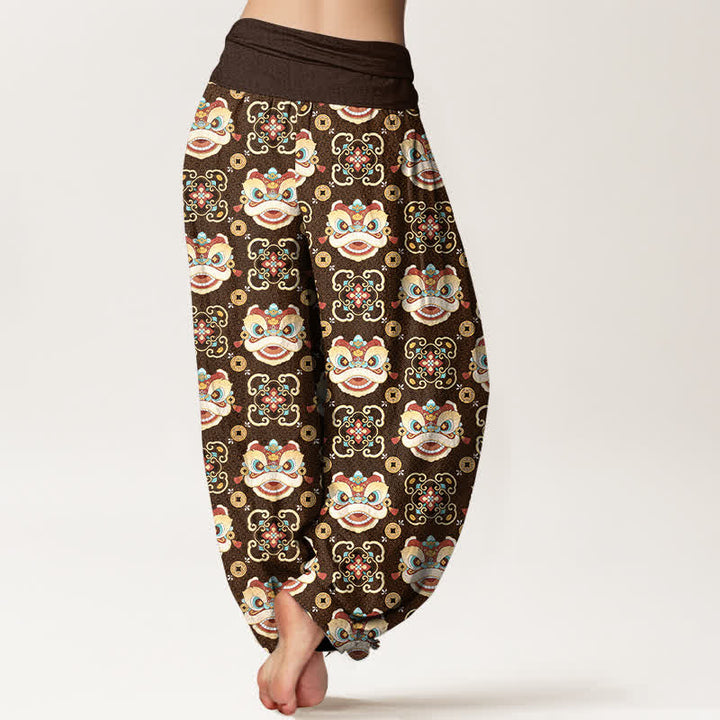 Buddha Stones Pantalon harem à taille élastique pour femme, motif masque de lion tribal en coton - image 10