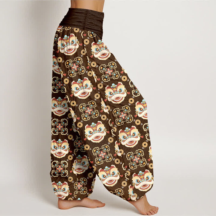Buddha Stones Pantalon harem à taille élastique pour femme, motif masque de lion tribal en coton - image 9