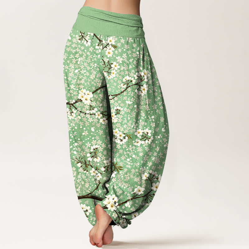 Buddha Stones Pantalon harem à taille élastique pour femme, en coton blanc à motif de branches fleuries - image 2