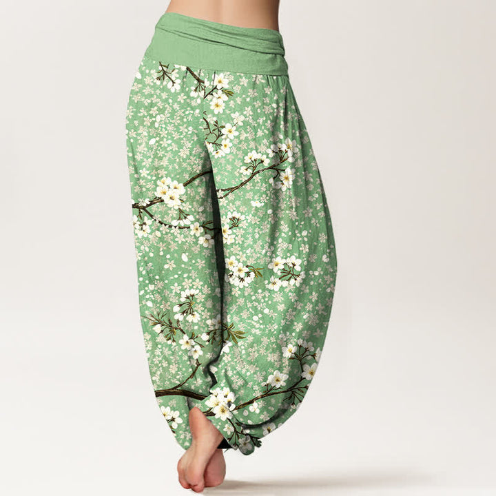 Buddha Stones Pantalon harem à taille élastique pour femme, en coton blanc à motif de branches fleuries - image 2