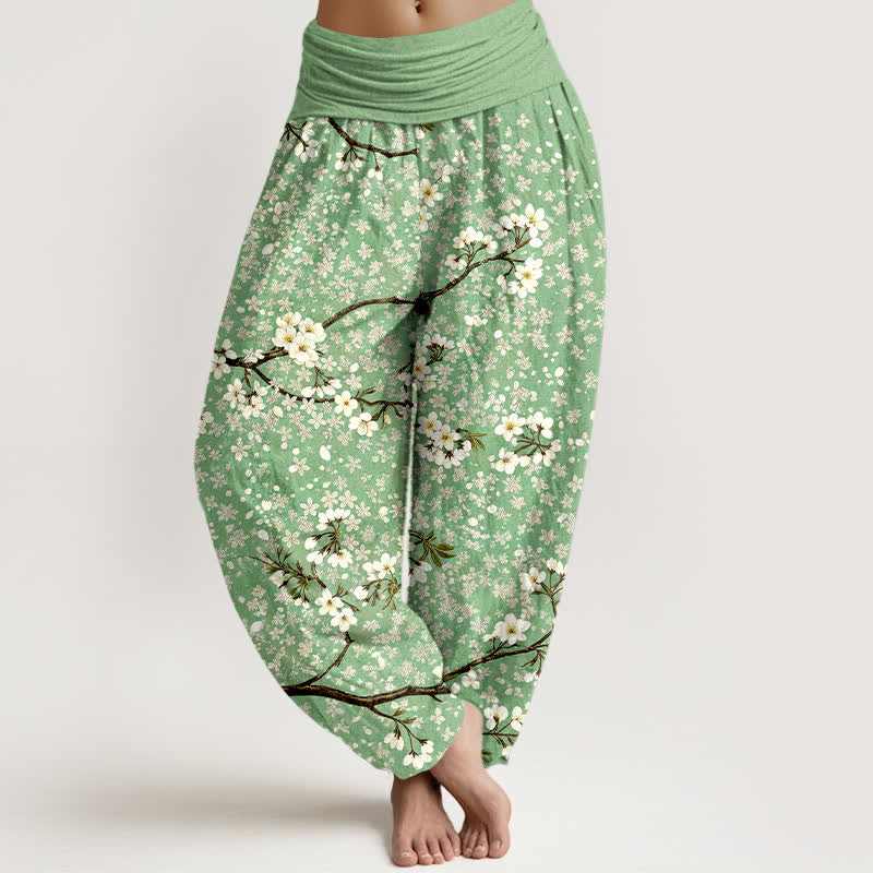 Buddha Stones Pantalon harem à taille élastique pour femme, en coton blanc à motif de branches fleuries - Vert clair - US16，UK/AU20，EU48 (3XL) - image 0