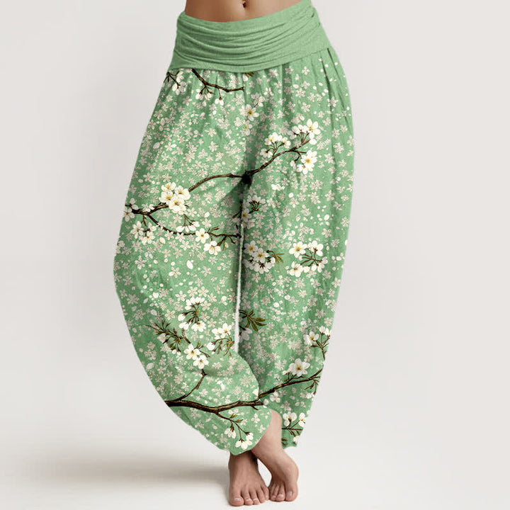 Buddha Stones Pantalon harem à taille élastique pour femme, en coton blanc à motif de branches fleuries - Vert clair - US16，UK/AU20，EU48 (3XL) - image 0