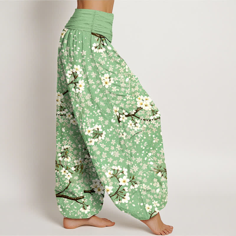 Buddha Stones Pantalon harem à taille élastique pour femme, en coton blanc à motif de branches fleuries - image 1