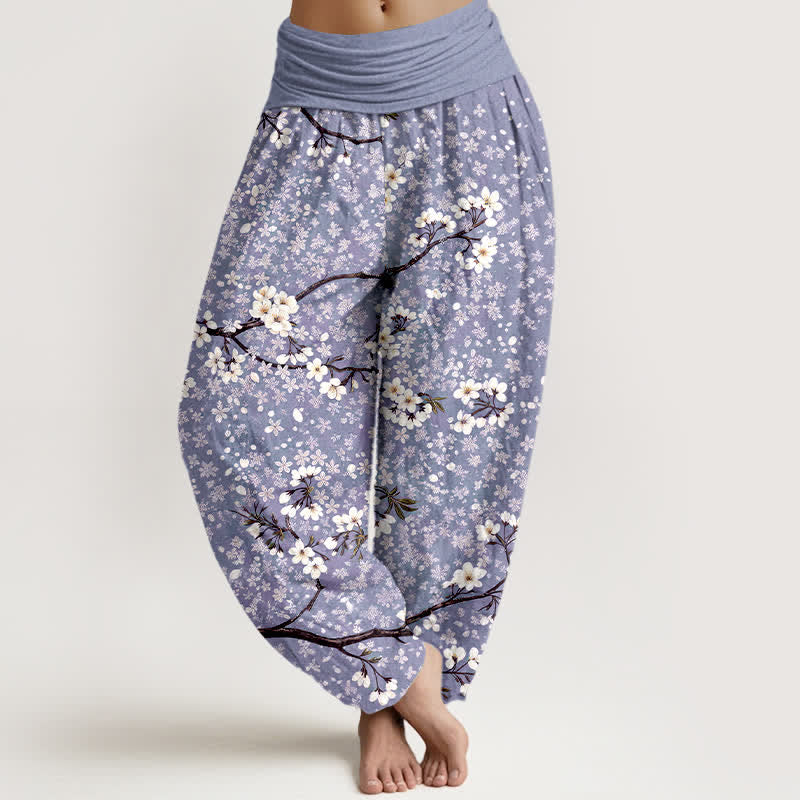 Buddha Stones Pantalon harem à taille élastique pour femme, en coton blanc à motif de branches fleuries - Lavande - US16，UK/AU20，EU48 (3XL) - image 5