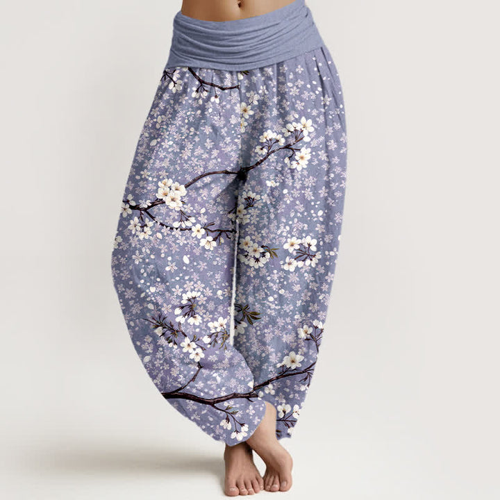 Buddha Stones Pantalon harem à taille élastique pour femme, en coton blanc à motif de branches fleuries - Lavande - US16，UK/AU20，EU48 (3XL) - image 5
