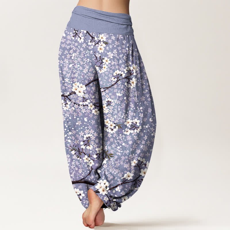 Buddha Stones Pantalon harem à taille élastique pour femme, en coton blanc à motif de branches fleuries - image 7