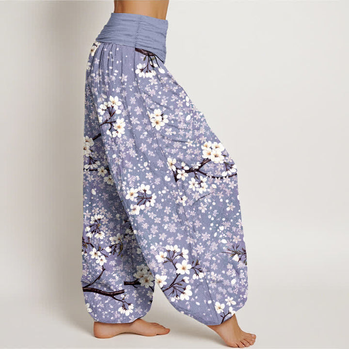 Buddha Stones Pantalon harem à taille élastique pour femme, en coton blanc à motif de branches fleuries - image 6