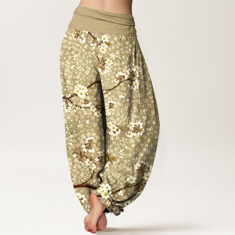 Buddha Stones Pantalon harem à taille élastique pour femme, en coton blanc à motif de branches fleuries - image 10