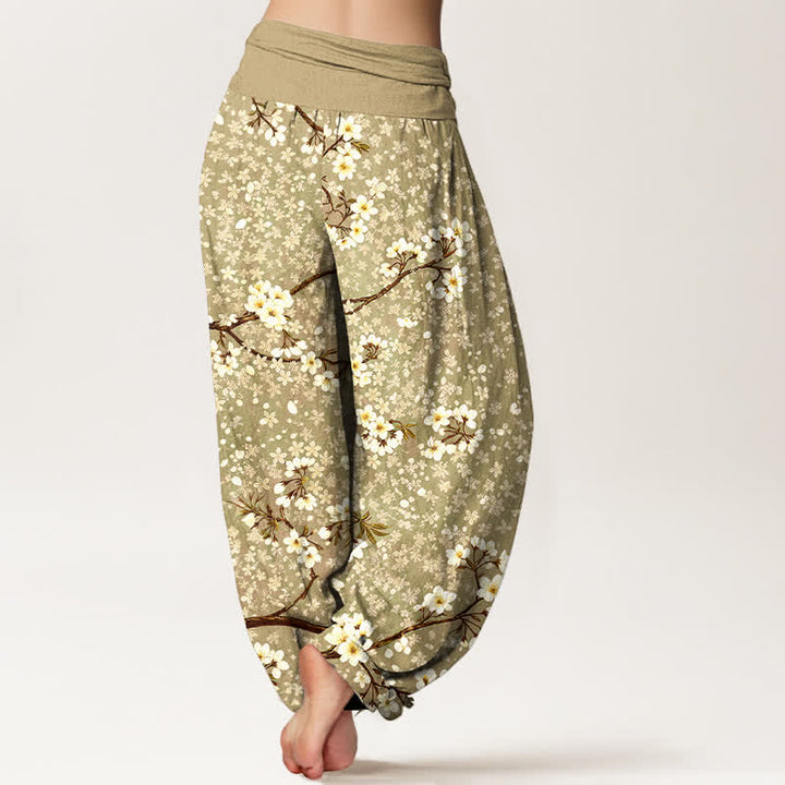 Buddha Stones Pantalon harem à taille élastique pour femme, en coton blanc à motif de branches fleuries - image 10