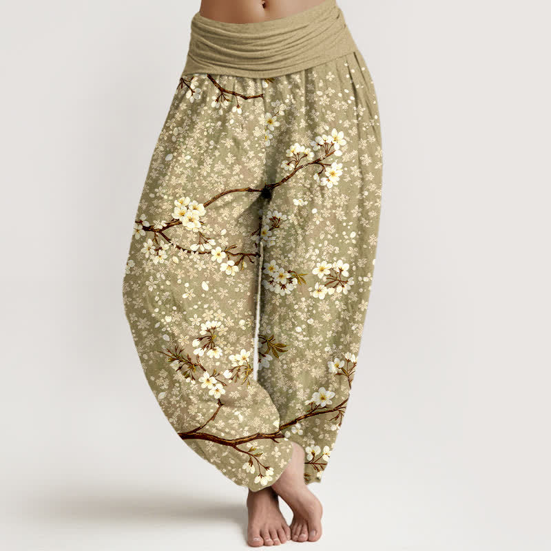 Buddha Stones Pantalon harem à taille élastique pour femme, en coton blanc à motif de branches fleuries - Kaki foncé - US16，UK/AU20，EU48 (3XL) - image 8