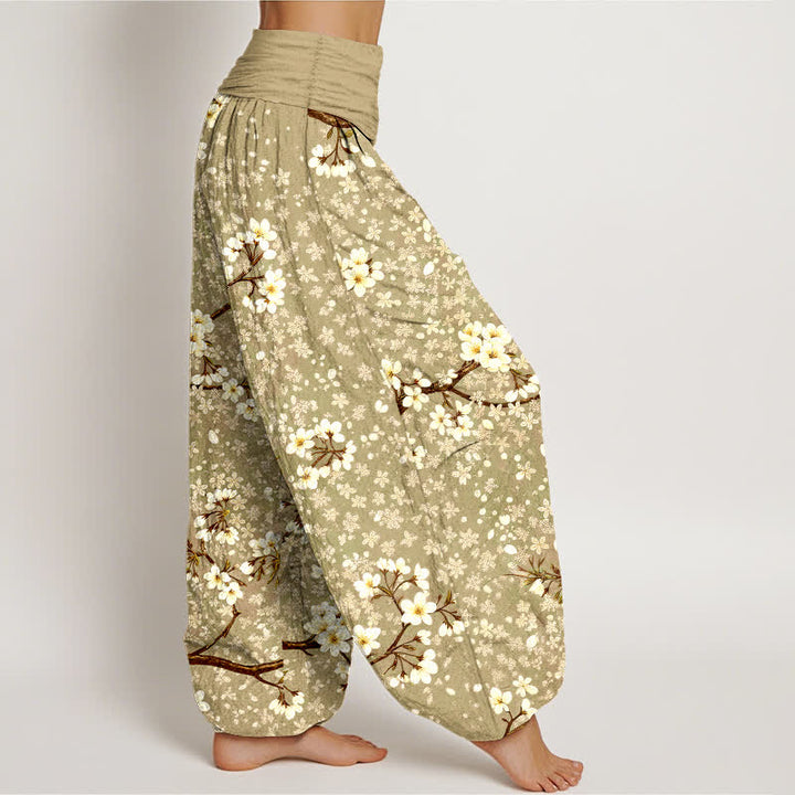 Buddha Stones Pantalon harem à taille élastique pour femme, en coton blanc à motif de branches fleuries - image 9