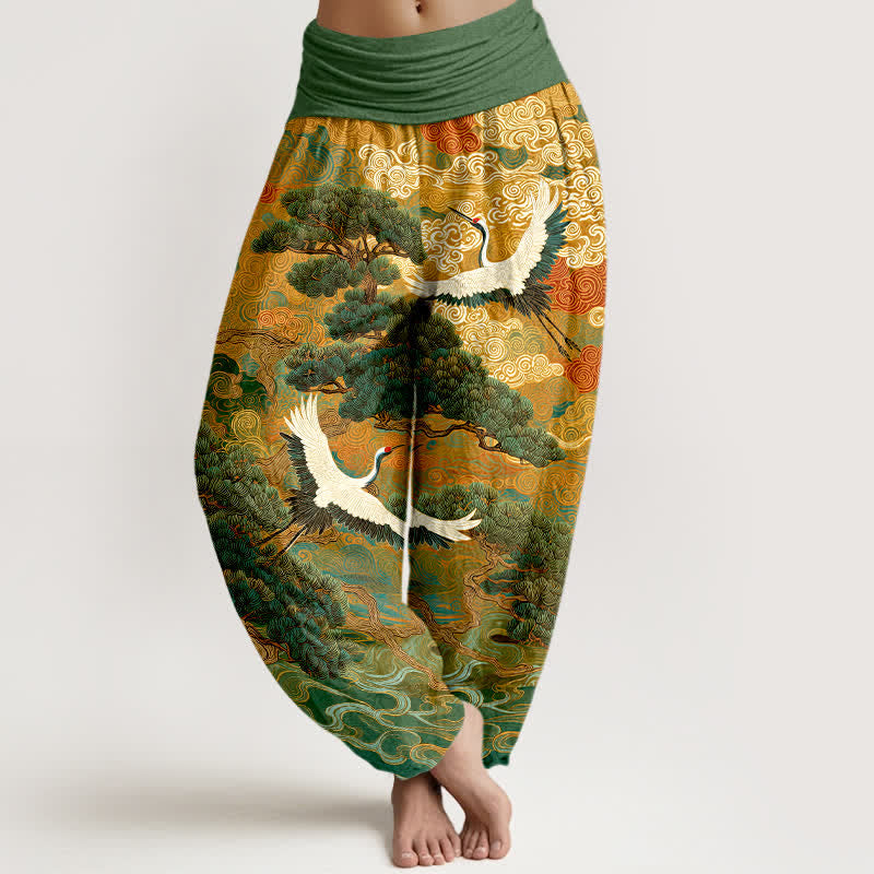 Buddha Stones Pantalon harem à taille élastique pour femme, motif vagues de pin et grues en coton - Vert citron - US16，UK/AU20，EU48 (3XL) - image 0