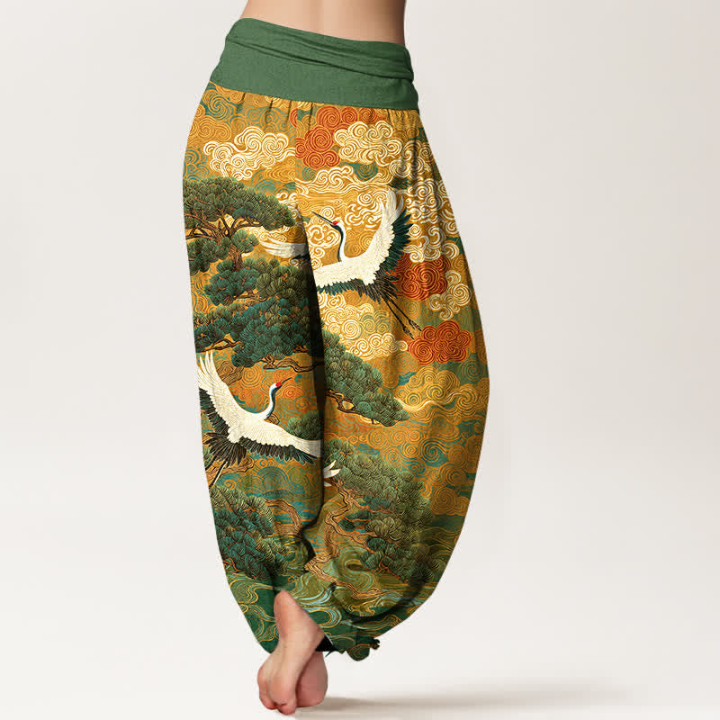 Buddha Stones Pantalon harem à taille élastique pour femme, motif vagues de pin et grues en coton - image 2