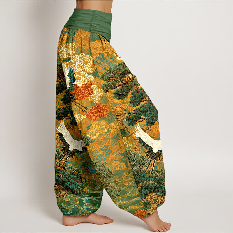 Buddha Stones Pantalon harem à taille élastique pour femme, motif vagues de pin et grues en coton - image 1