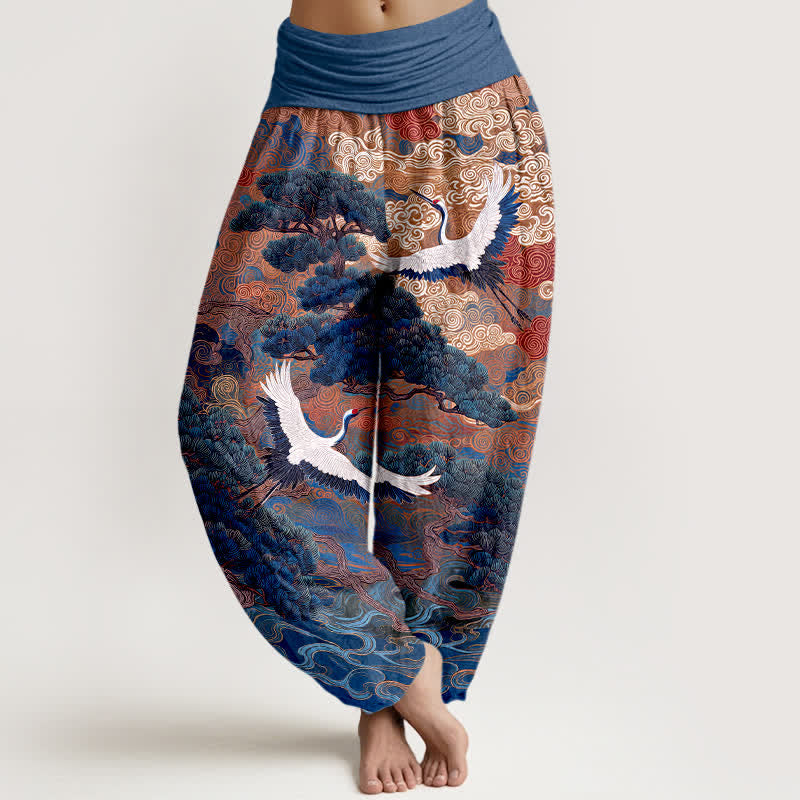Buddha Stones Pantalon harem à taille élastique pour femme, motif vagues de pin et grues en coton - Marine - US16，UK/AU20，EU48 (3XL) - image 5