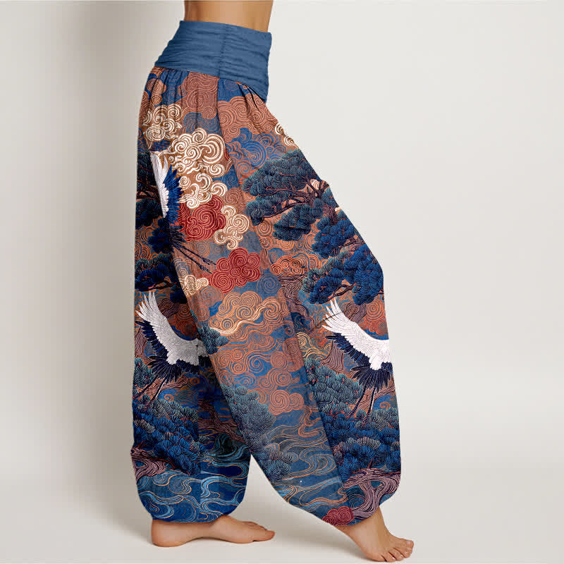 Buddha Stones Pantalon harem à taille élastique pour femme, motif vagues de pin et grues en coton - image 6