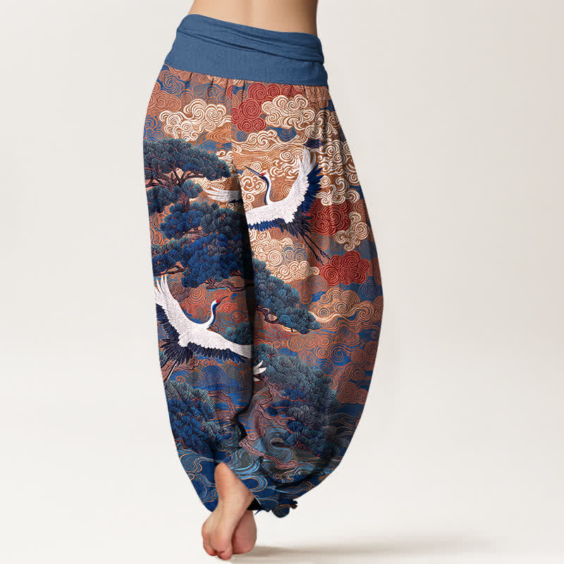 Buddha Stones Pantalon harem à taille élastique pour femme, motif vagues de pin et grues en coton - image 7