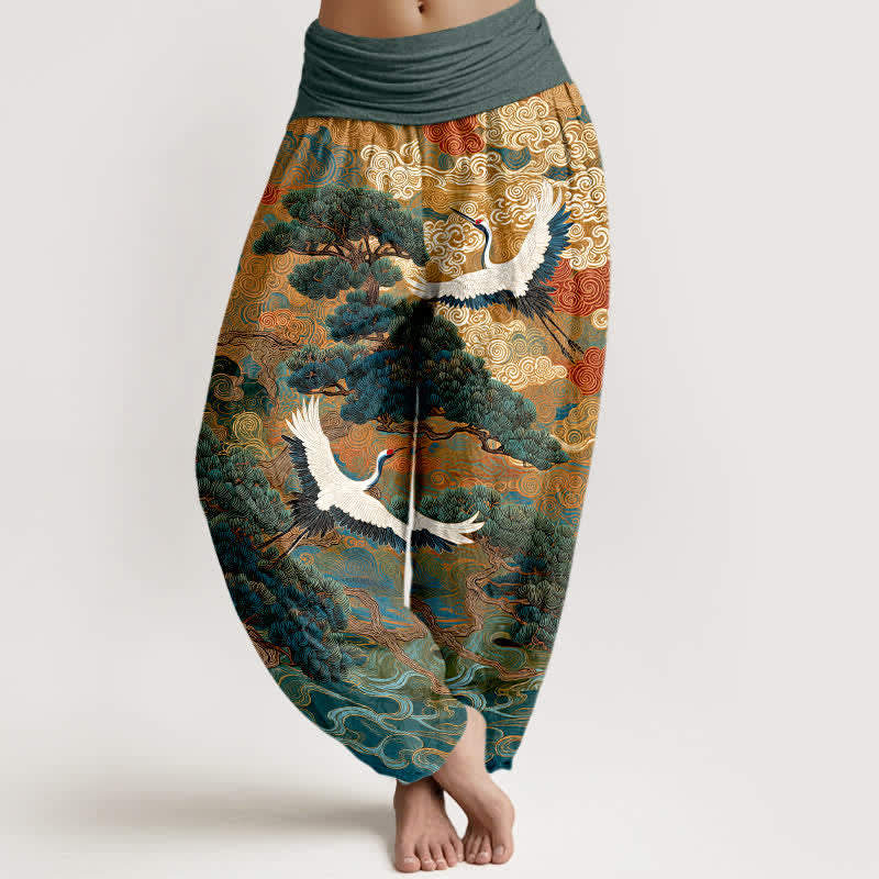 Buddha Stones Pantalon harem à taille élastique pour femme, motif vagues de pin et grues en coton - CadetBlue - US16，UK/AU20，EU48 (3XL) - image 8