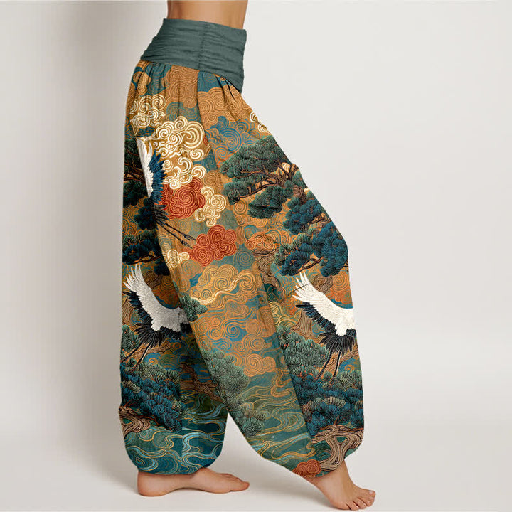 Buddha Stones Pantalon harem à taille élastique pour femme, motif vagues de pin et grues en coton - image 9