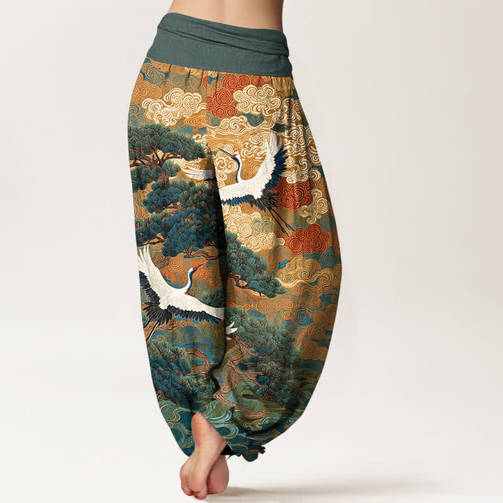 Buddha Stones Pantalon harem à taille élastique pour femme, motif vagues de pin et grues en coton - image 10